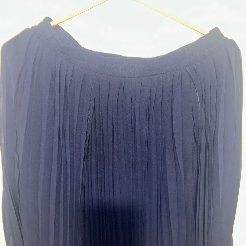 Pleione Asymmetrical Pleated Midi Skirt Black Sheer Overlay Size S Navy Pull‎ On